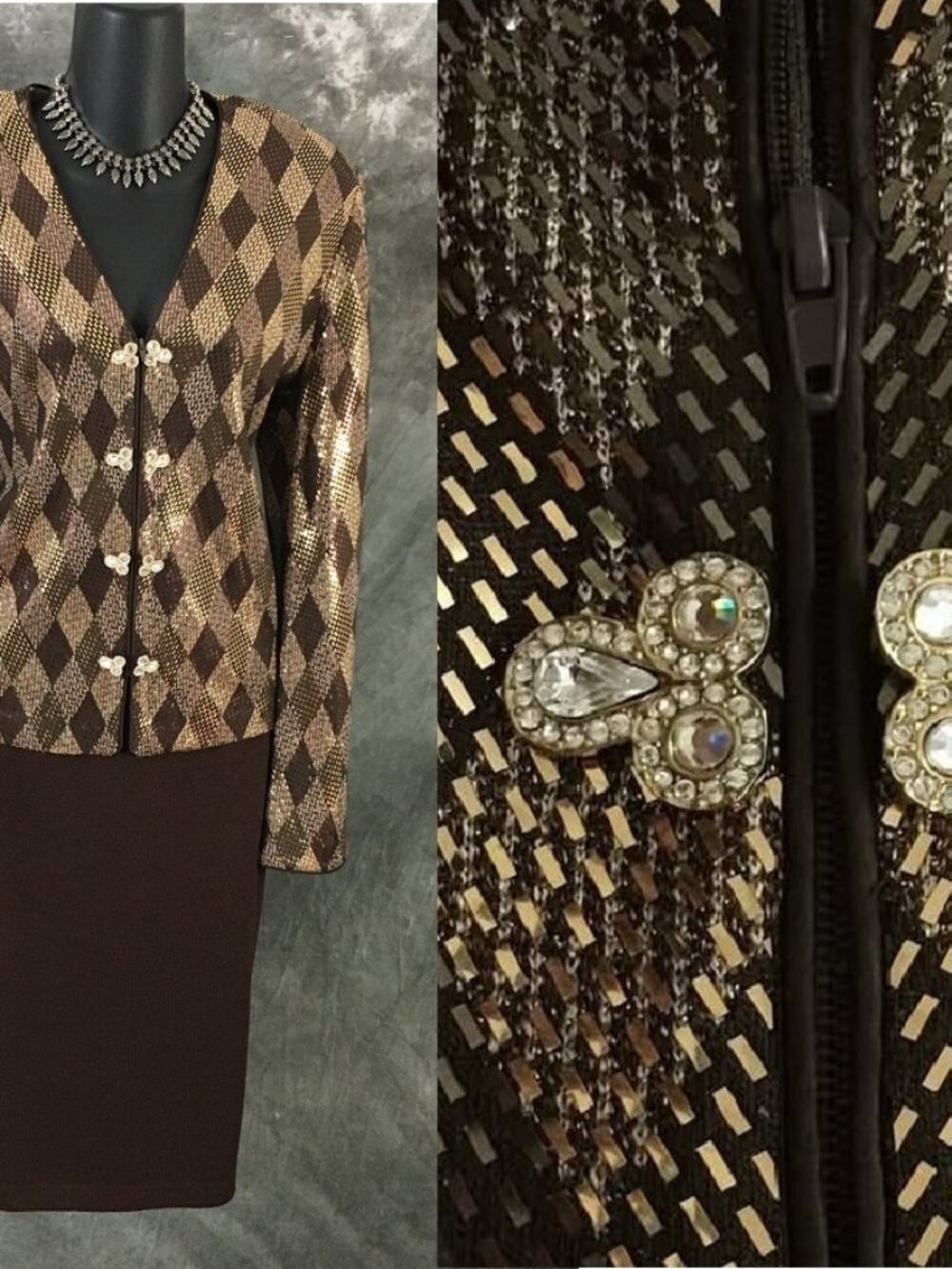 BEAUTIFUL St John knit Brown multi rhinestones embellished skirt suit Size 12